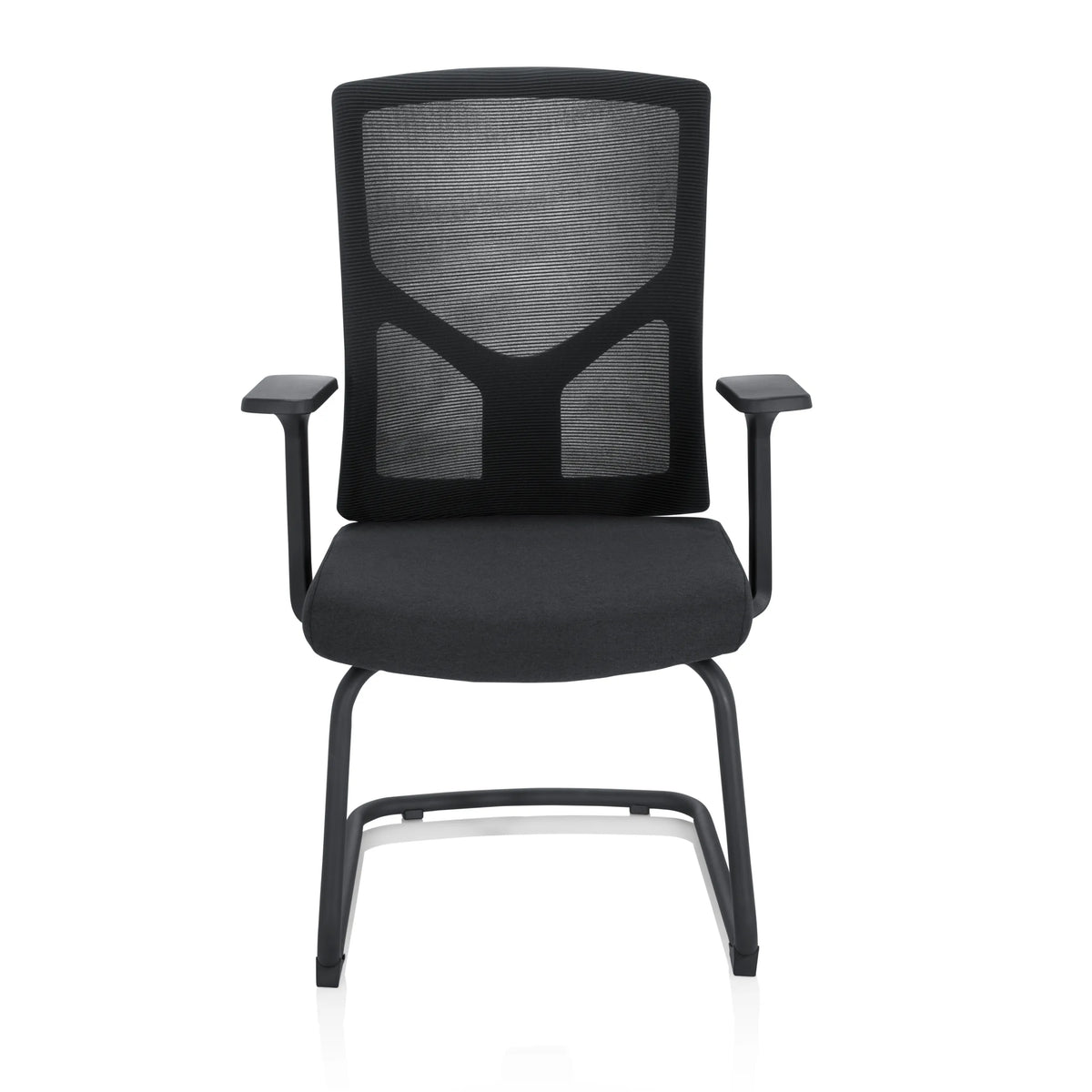 Chaises cantilever BRETON V B noires avec dossier en maille et accoudoirs de hjh OFFICE – vue à 360° (vue de face 0°)
