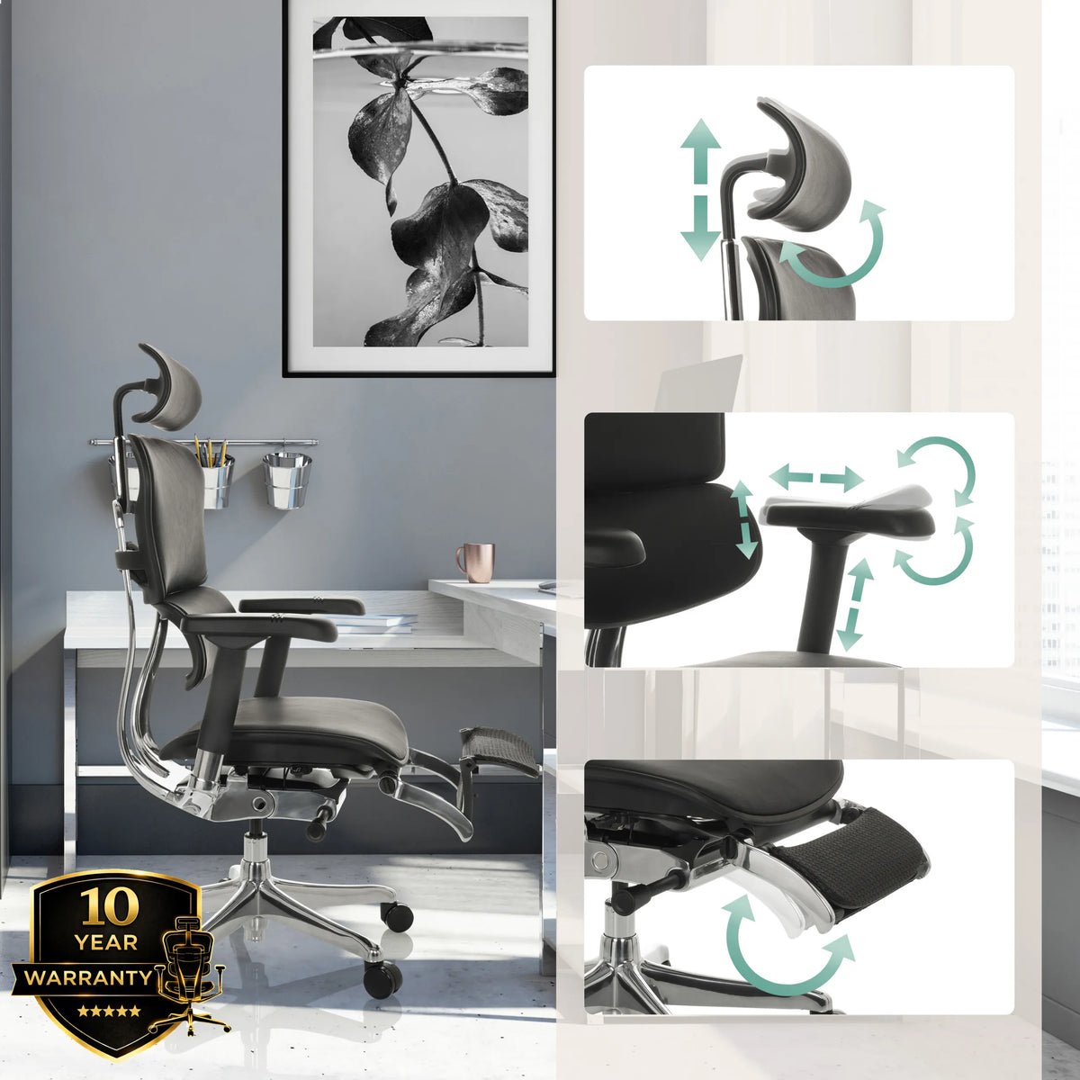 Appui-tête, accoudoirs et repose-pieds réglables du siège de direction de luxe ERGOHUMAN PLUS LEGPRO GEN2 de hjh OFFICE