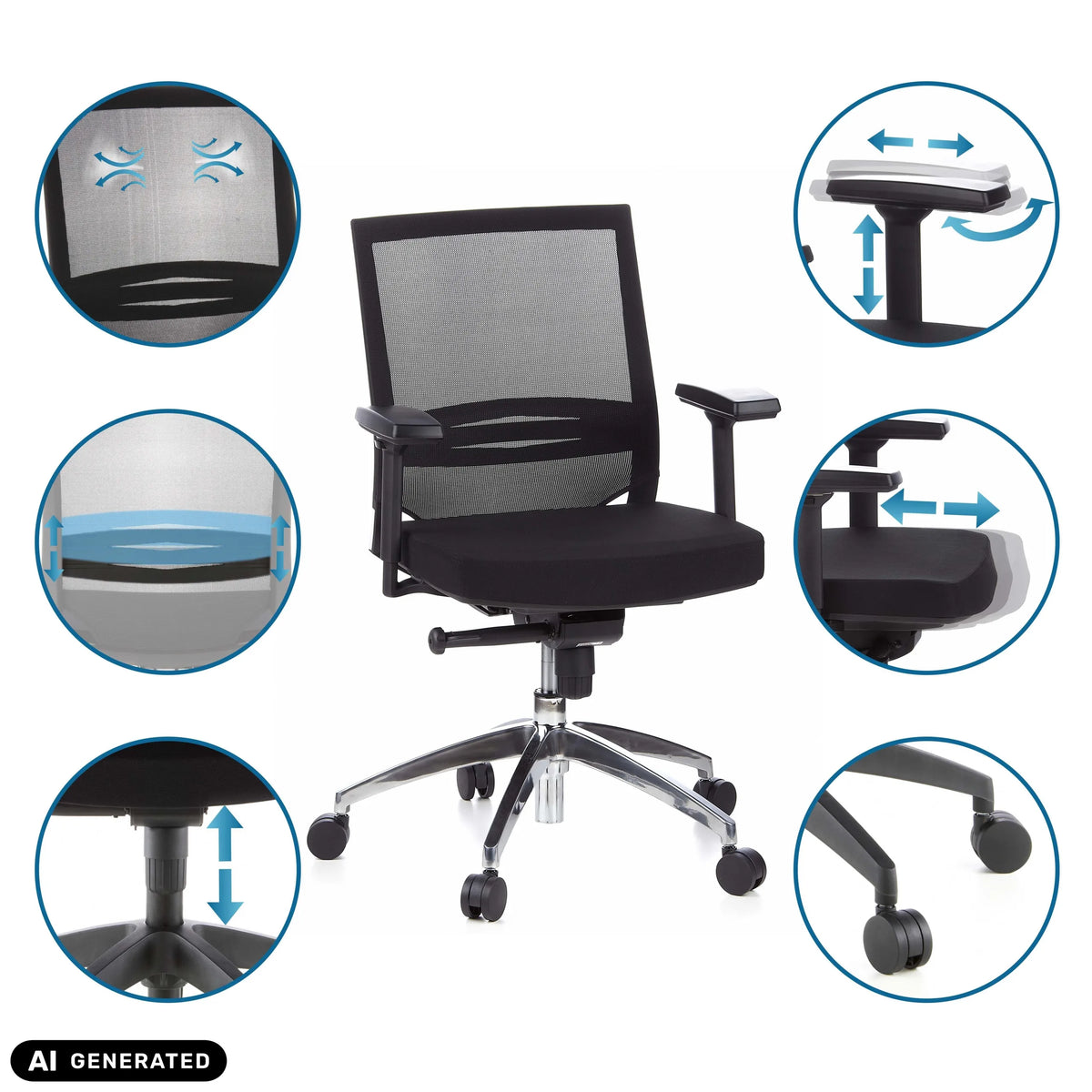 Verstellbare Funktionen des Profi-Bürostuhls PORTO PRO in Schwarz von hjh OFFICE (KI-generiertes Bild)