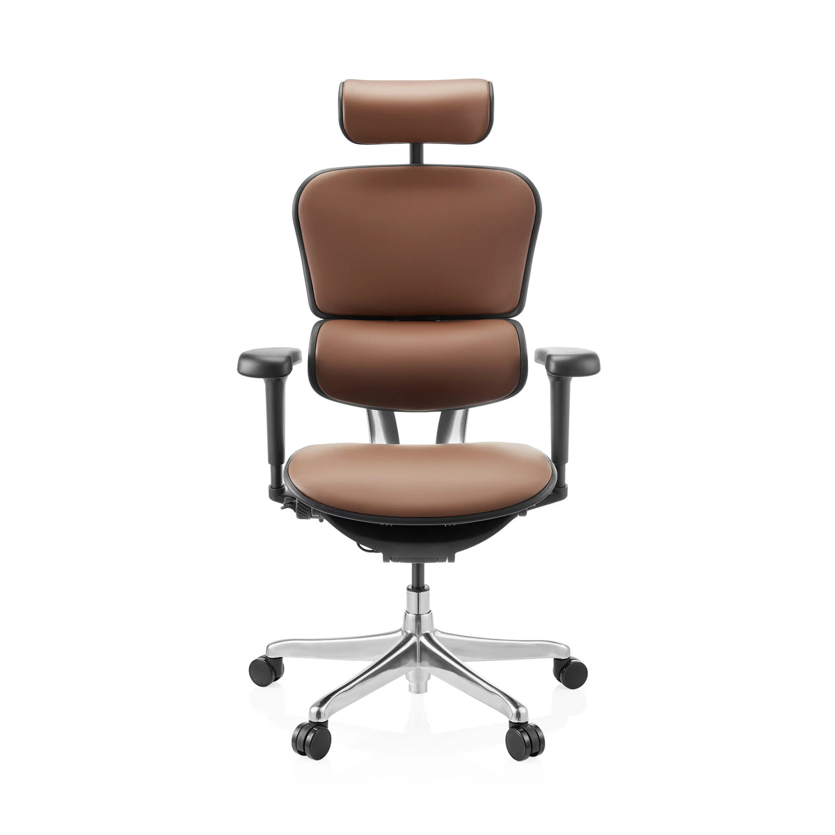 Siège de direction de luxe ERGOHUMAN ULTRA L GEN2 marron en cuir avec appui-tête et piètement à cinq roulettes de hjh OFFICE – vue à 360° (vue de face 0°)