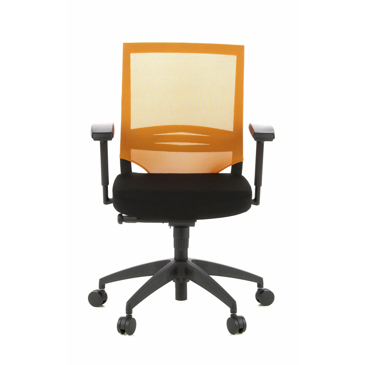 Siège de bureau de qualité professionnelle PORTO BASE noir et orange, dossier maille et base à 5 roulettes de hjh OFFICE – vue à 360° (vue de face 0°)
