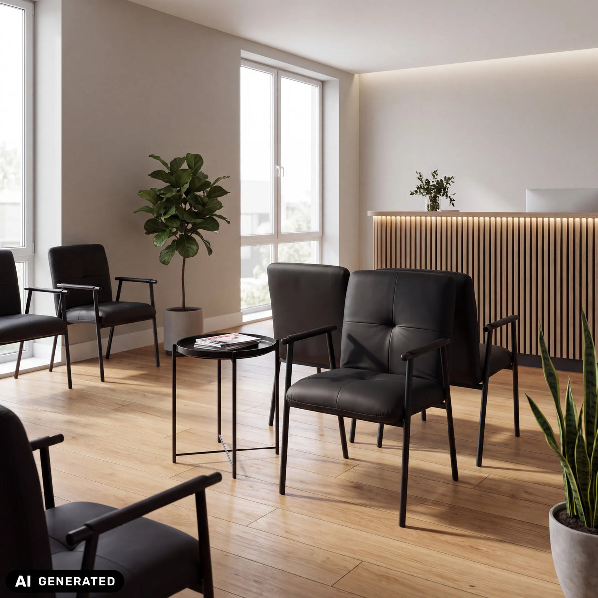 Chaises rembourrées Lifea Flex noires en similicuir avec accoudoirs dans une zone d'attente de hjh LIVING (image générée par IA)