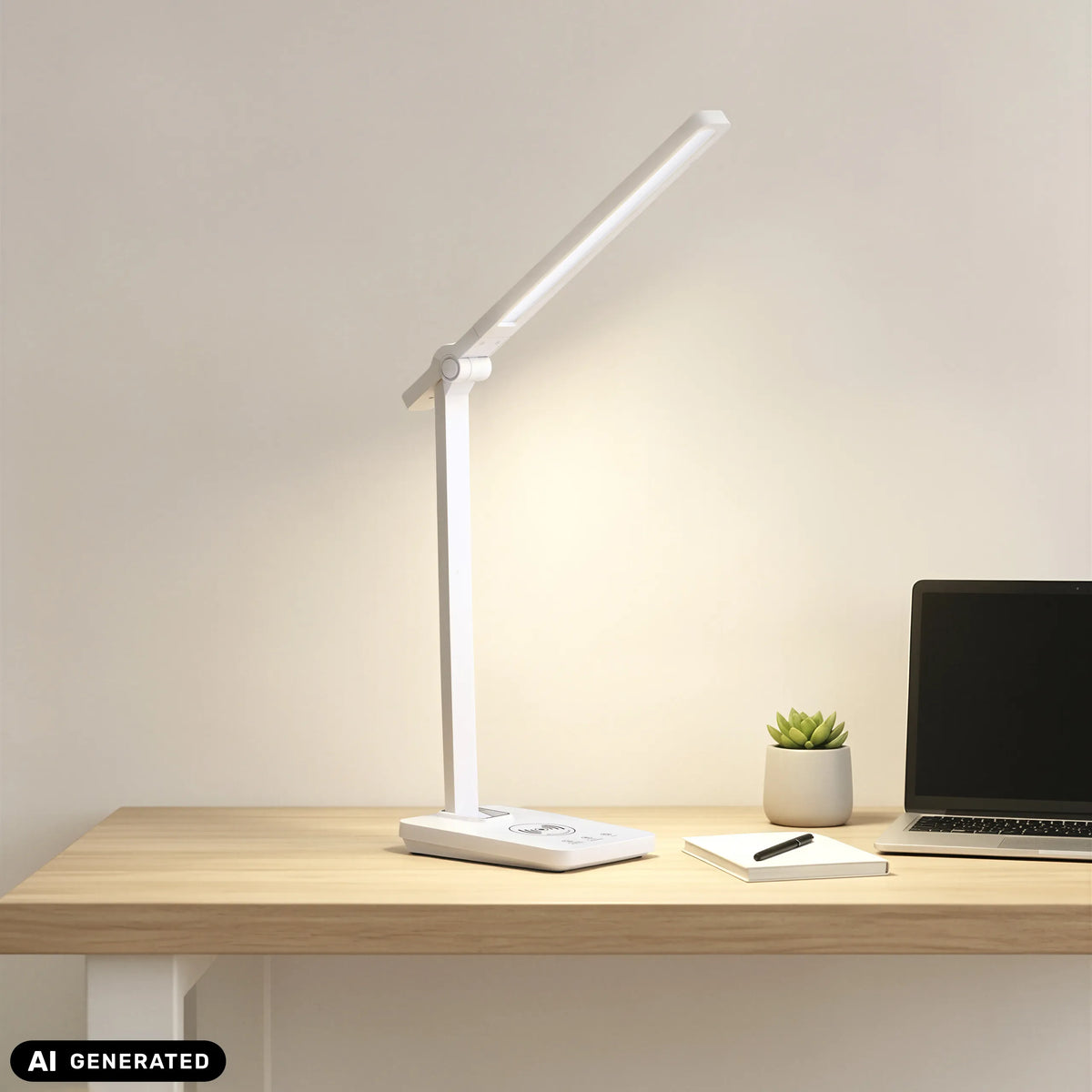 Lampe de bureau Lumanova D1 blanche avec une tête étroite sur une table en bois de hjh OFFICE (image générée par IA)