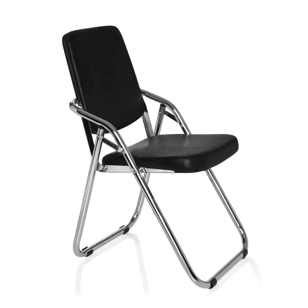 Chaise pliante ESTO noire avec revêtement en similicuir et structure chromée de hjh OFFICE – vue à 360° (vue de trois quarts avant 60°)
