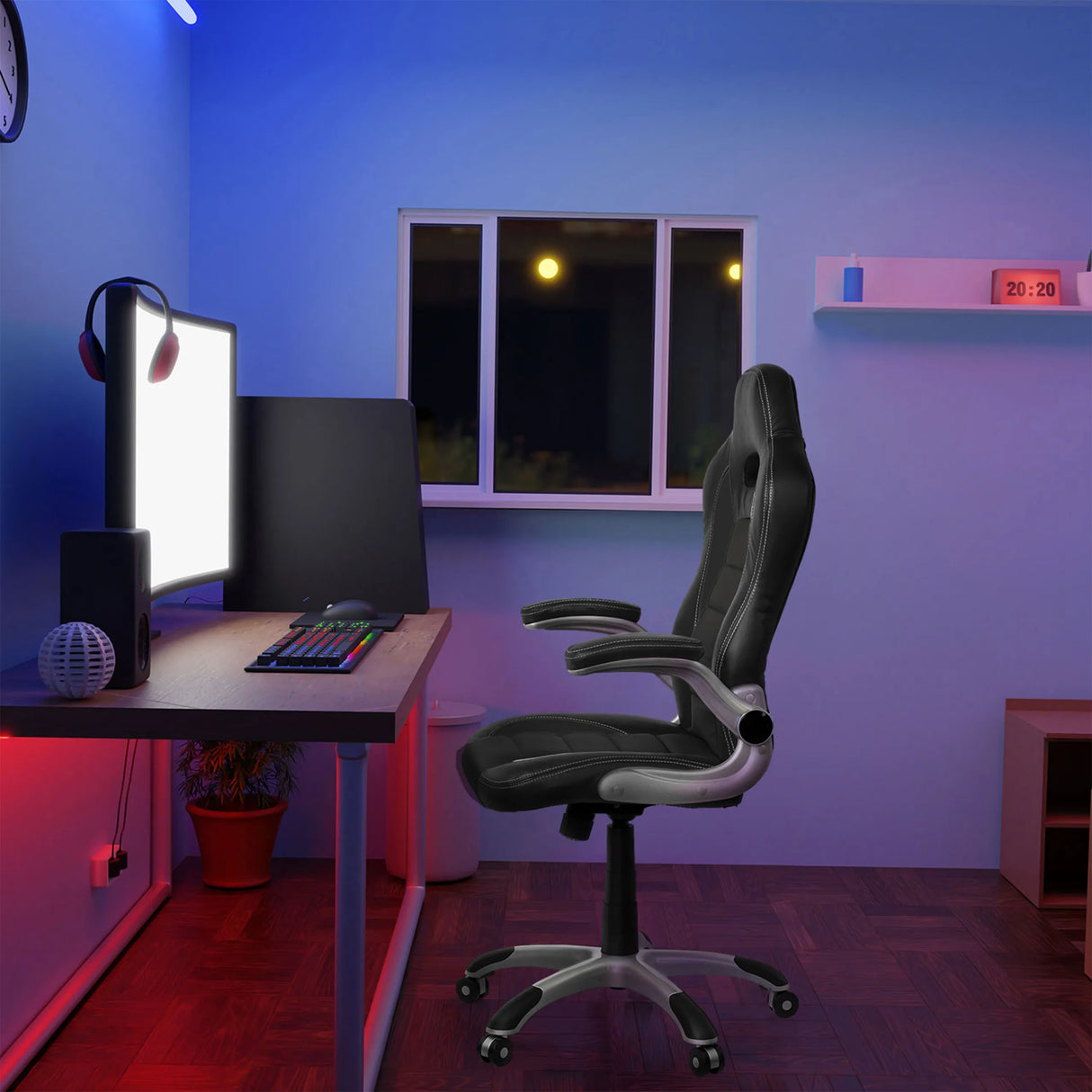 Fauteuil Gamer GAME SPORT noir avec accoudoirs devant un bureau dans une pièce éclairée de hjh OFFICE