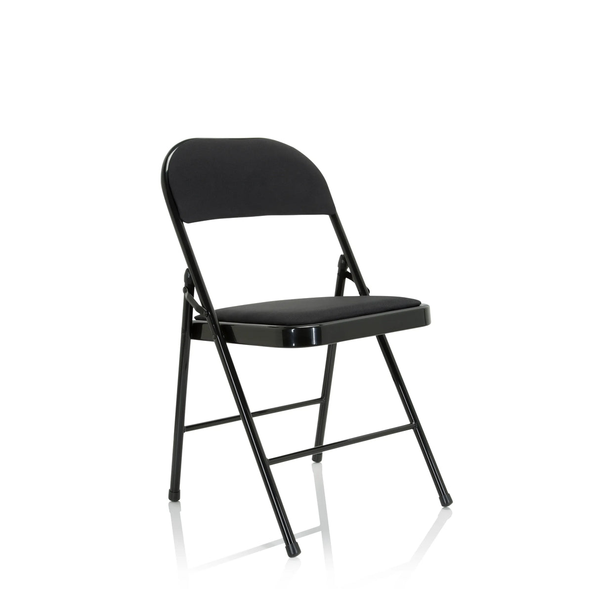 Chaise pliante TUDELA II noire avec rembourrage en tissu de hjh OFFICE – vue à 360° (vue de trois quarts avant 40°)