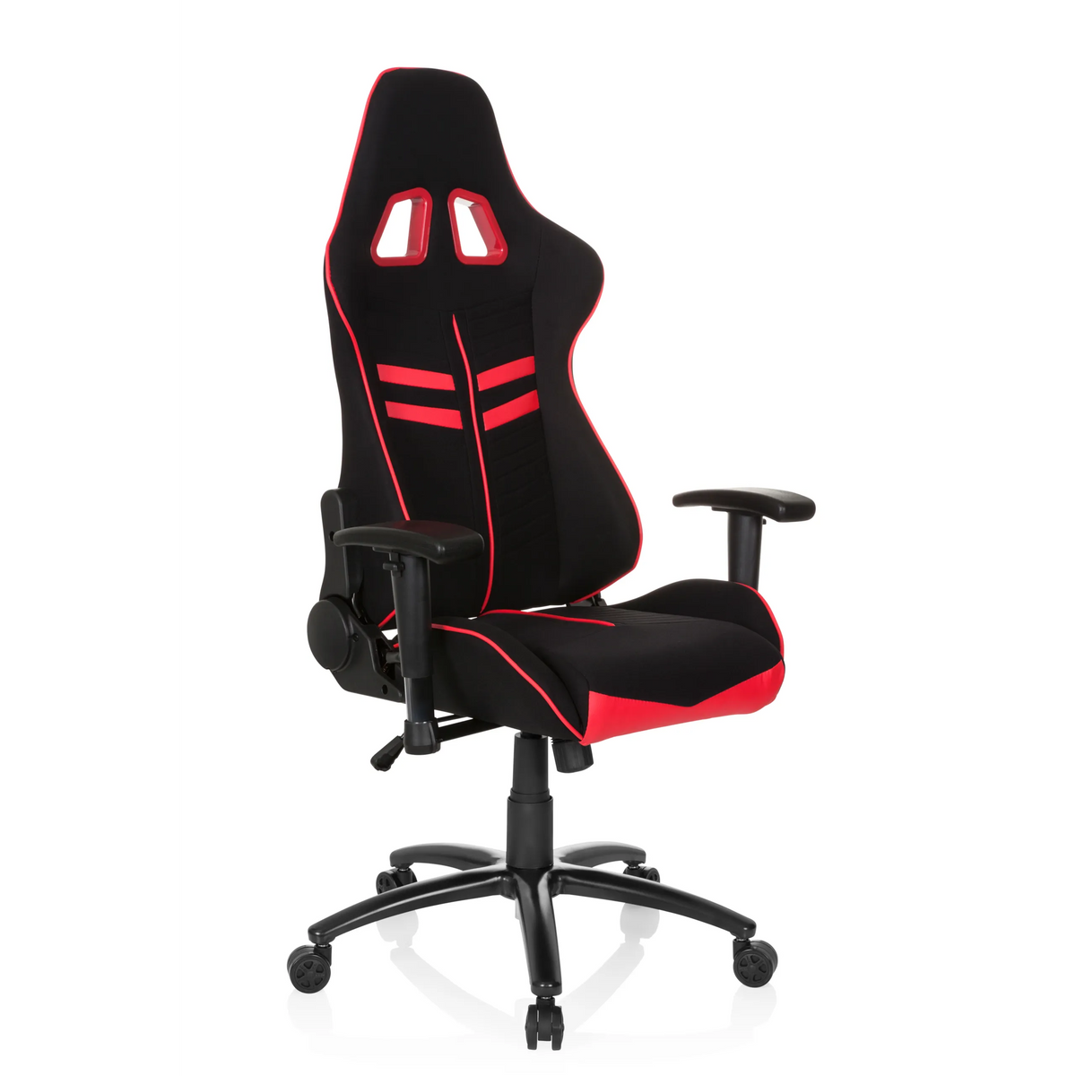 Fauteuil Gamer LEAGUE PRO I noir et rouge avec deux ouvertures d'appui-tête et base à cinq roulettes de hjh OFFICE – vue à 360° (vue de trois quarts avant 40°)