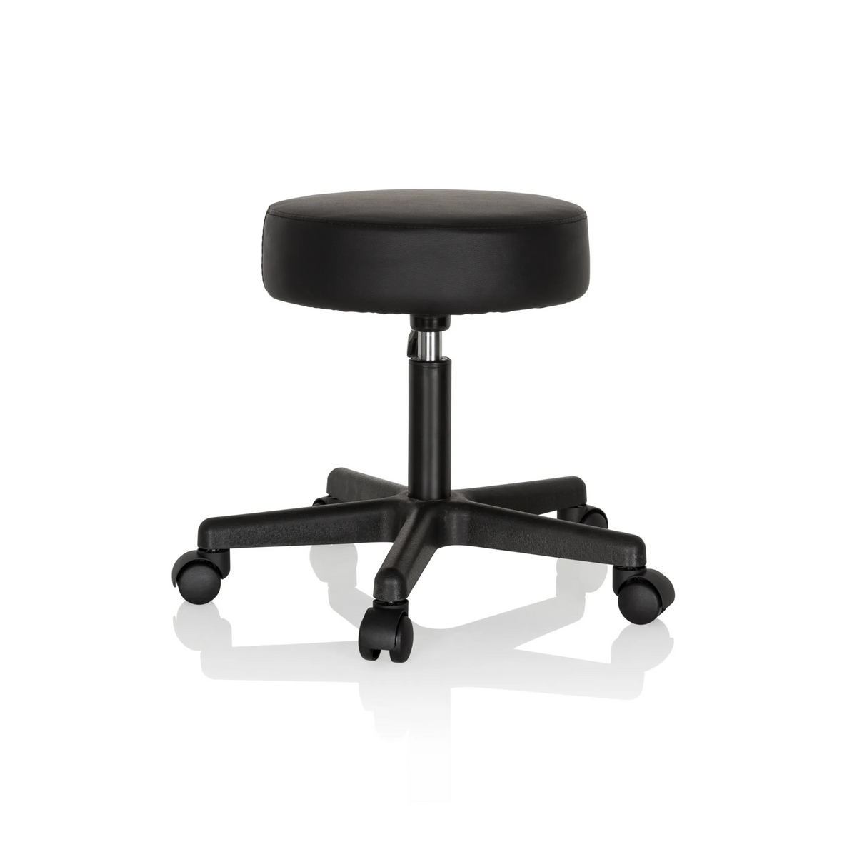 Tabouret pivotant noir OPERATOR I avec assise rembourrée et piètement à cinq roulettes de hjh OFFICE – vue à 360° (vue de profil 100°)