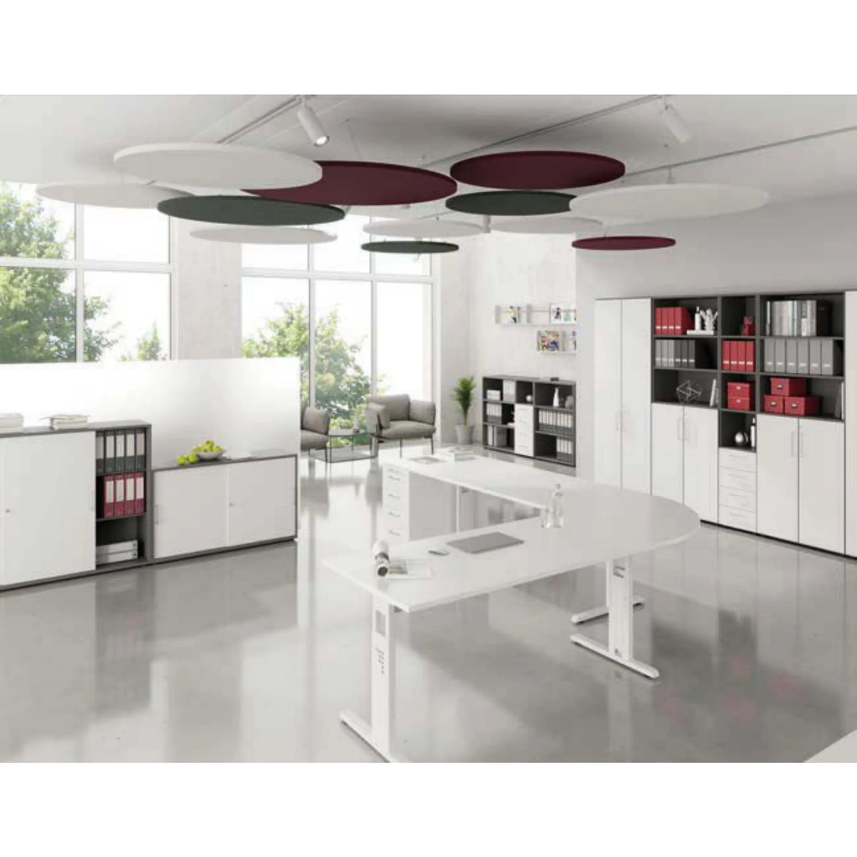 Îlots acoustiques circulaires au plafond ADSRB1 de différentes couleurs au plafond d'un bureau de hjh OFFICE PRO