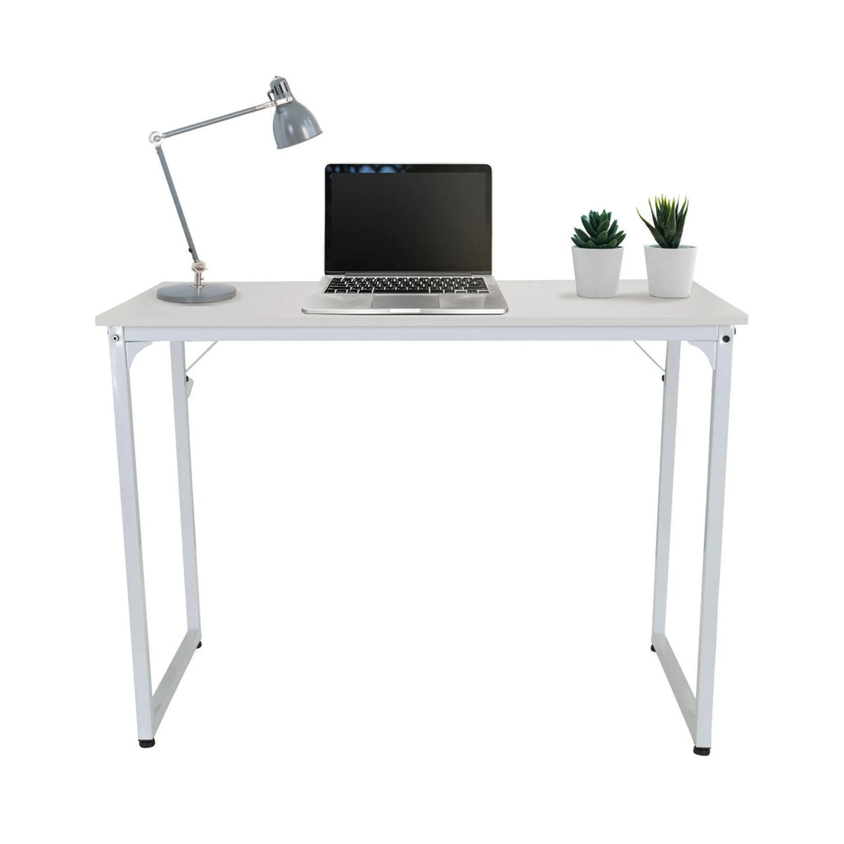 Bureau blanc WORKSPACE I de 100 x 50 cm avec ordinateur portable, lampe et plantes de hjh OFFICE