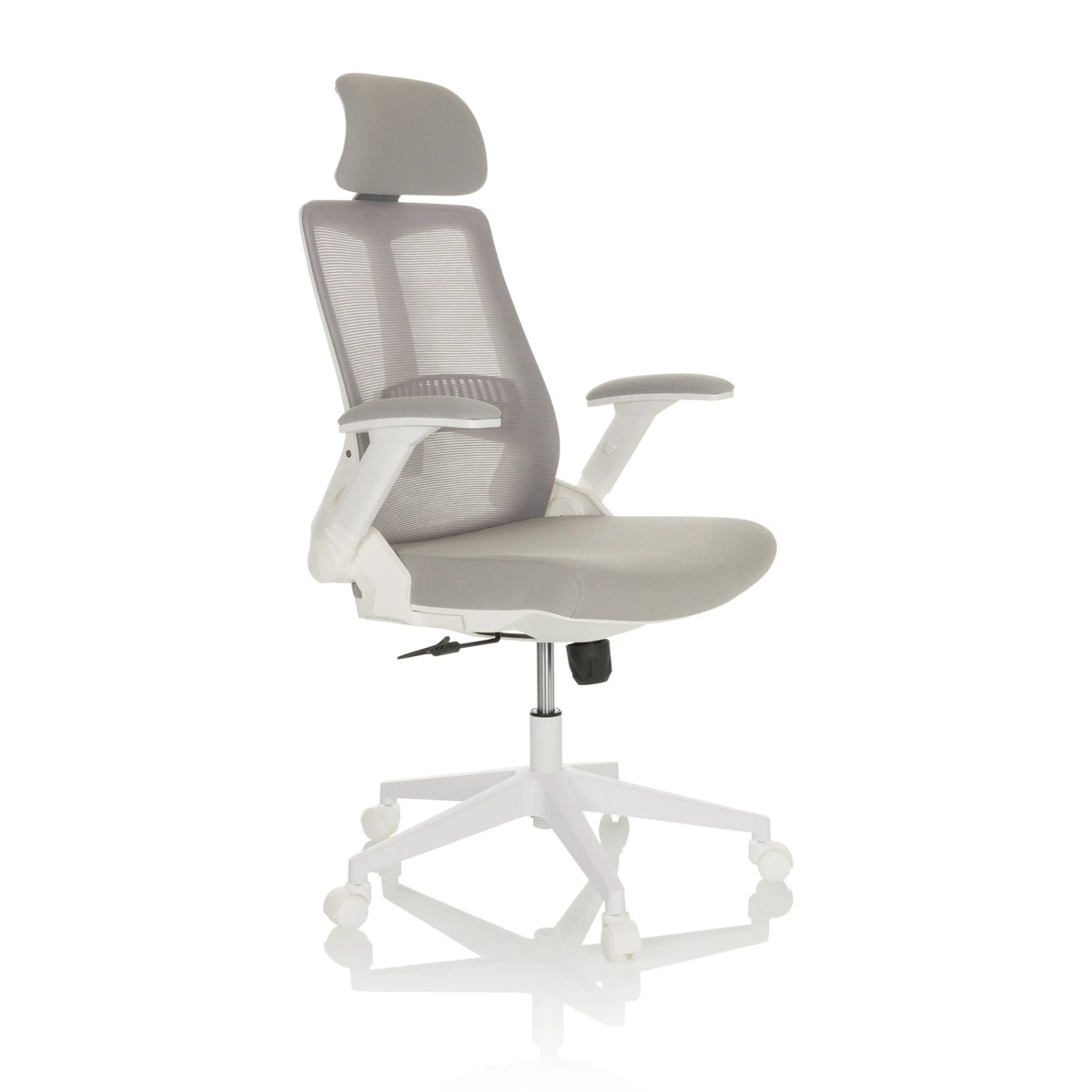Siège de bureau à domicile VENDO W gris avec dossier en maille et pied en étoile blanc à cinq roulettes de hjh OFFICE – vue à 360° (vue de trois quarts avant 45°)
