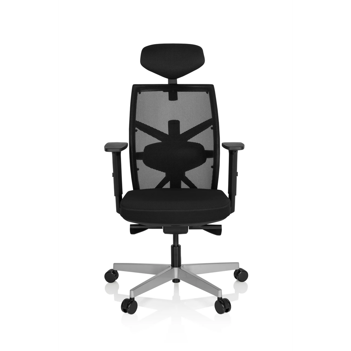 Siège de bureau de qualité professionnelle BELLAC noir, dossier maille, appui-tête et base 5 roulettes de hjh OFFICE – vue à 360° (vue de face 0°)