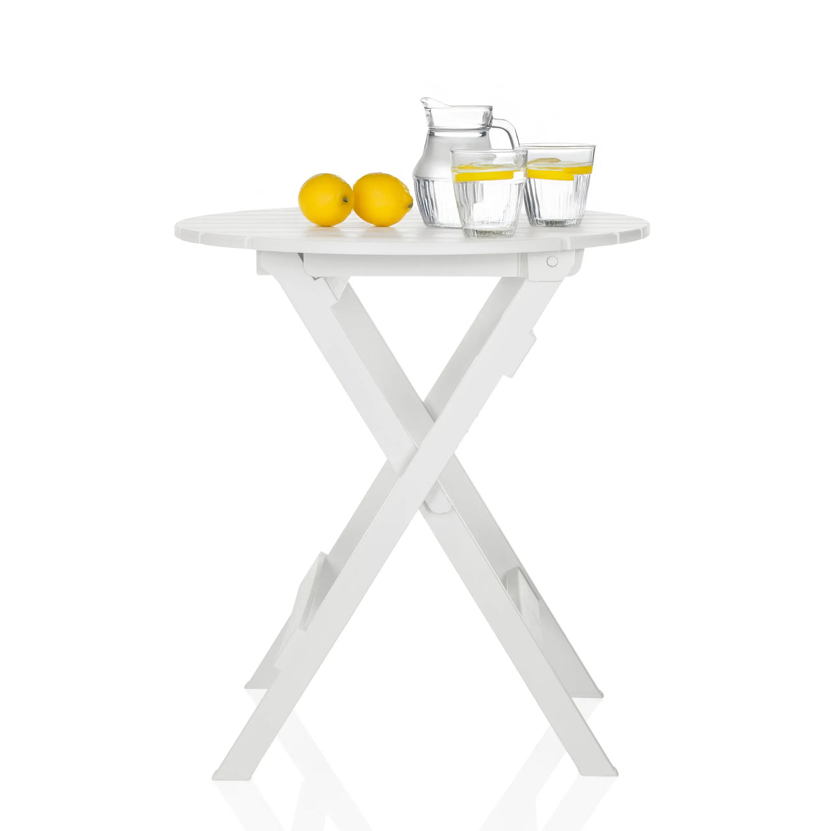Table pliante blanche TRAVANO T avec plateau rond et piétement en X de hjh LIVING