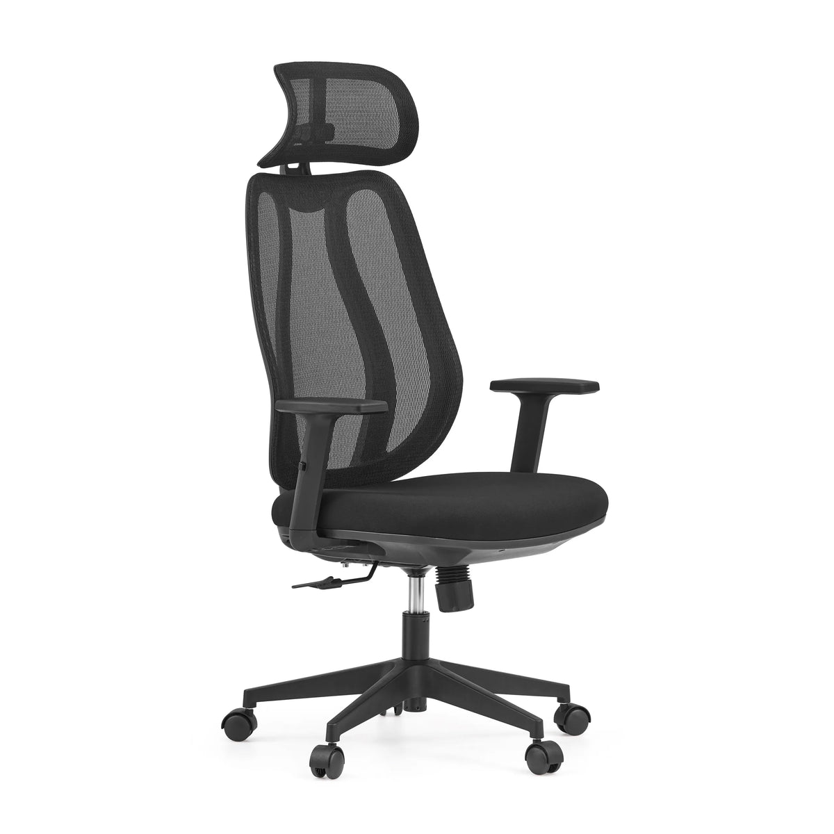 Siège de bureau de qualité professionnelle Filaro noir avec dossier en maille, appui-tête et piètement à cinq roulettes de hjh OFFICE – vue à 360° (vue de trois quarts avant 45°)