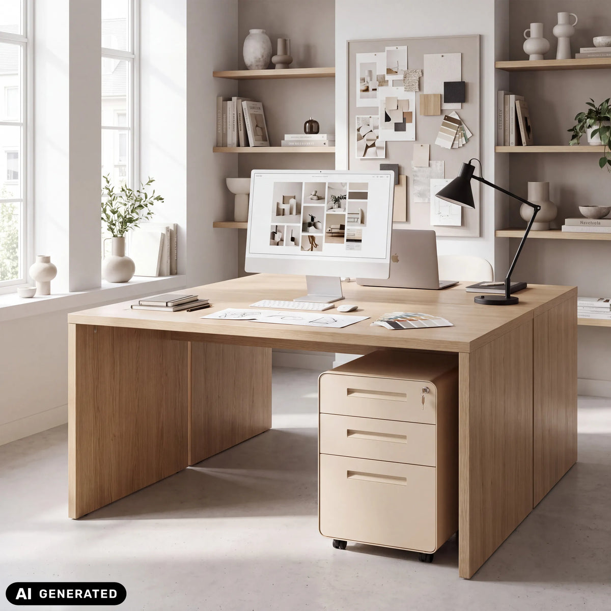 Caisson sur roulettes en métal beige COLOR PLUS I avec trois tiroirs sous un bureau de hjh OFFICE (image générée par IA)
