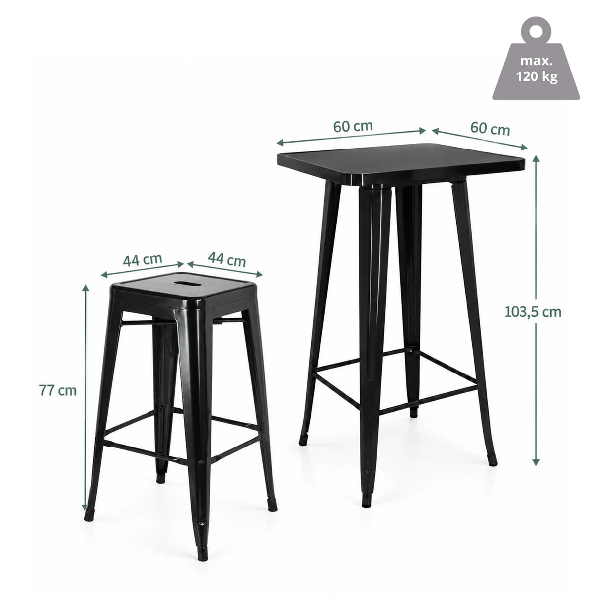 Dessin coté de l'ensemble bar Vantaggio Set avec une table de 60 × 60 cm et une hauteur de 103,5 cm de hjh OFFICE