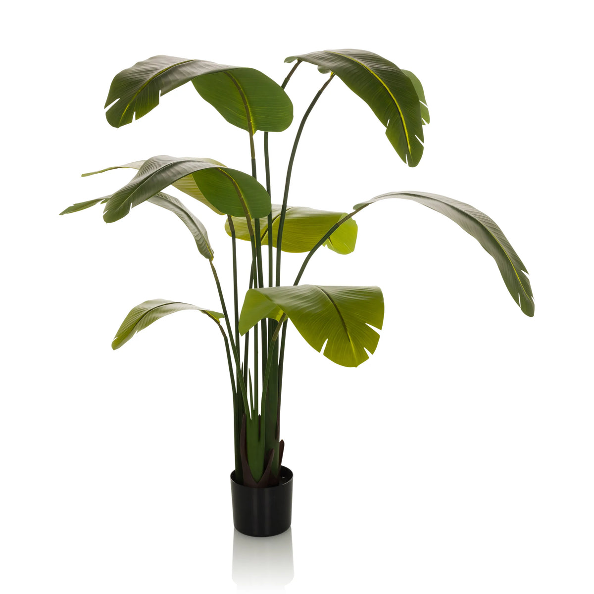 Plante artificielle verte BANANE aux grandes feuilles dans un pot noir de hjh OFFICE – vue à 360° (vue de face 0°)