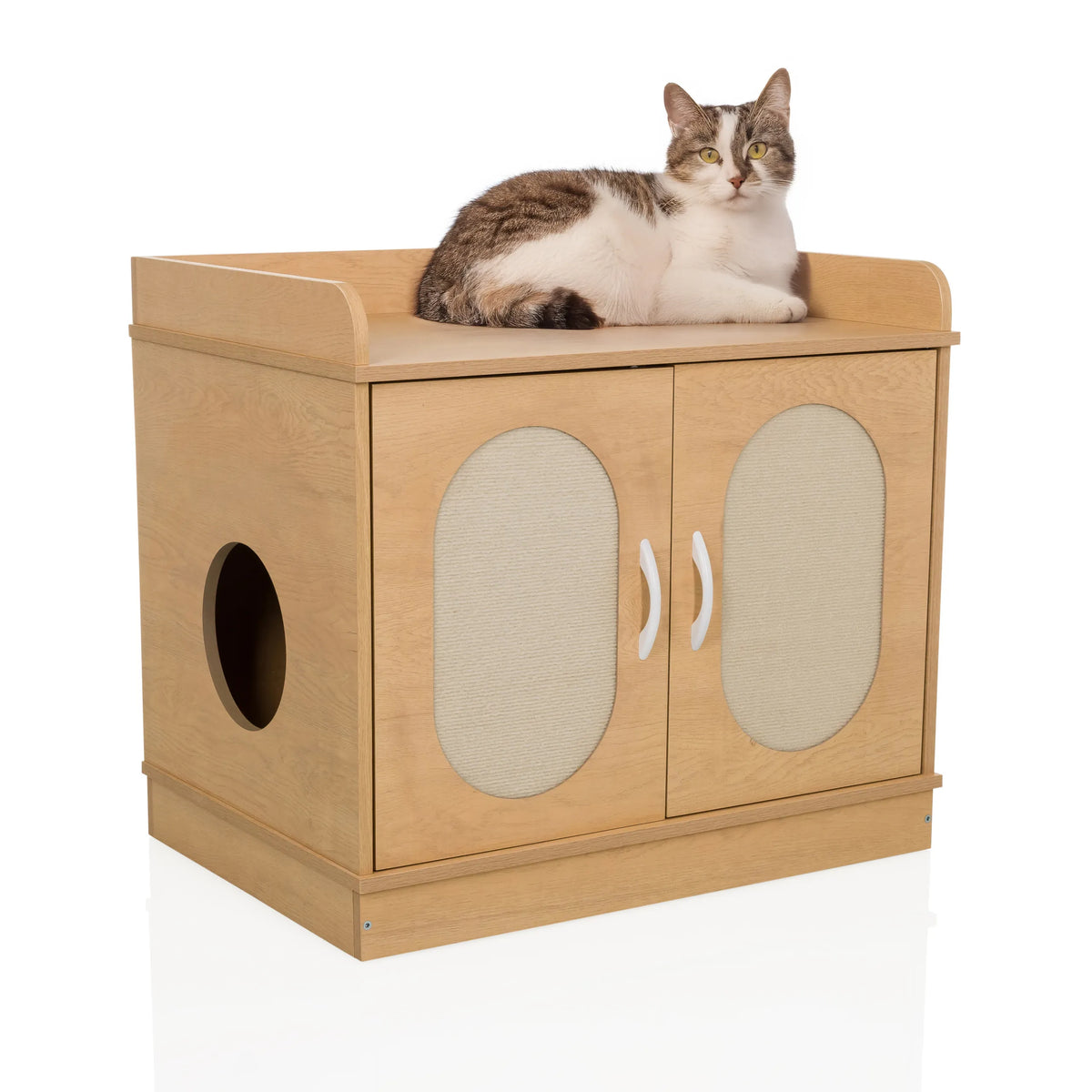 Maison pour chat KITTYHOME 2 aspect hêtre avec deux portes, une entrée latérale et un chat sur le dessus de hjh LIVING