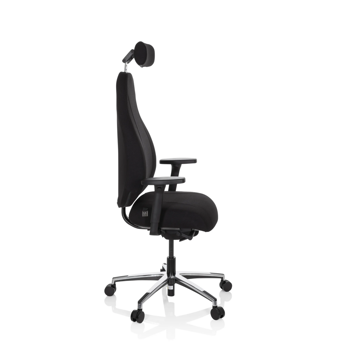 Siège de bureau haut de gamme RESISTIO noir avec appui-tête et piètement à cinq roulettes de hjh OFFICE – vue à 360° (vue de profil 80°)