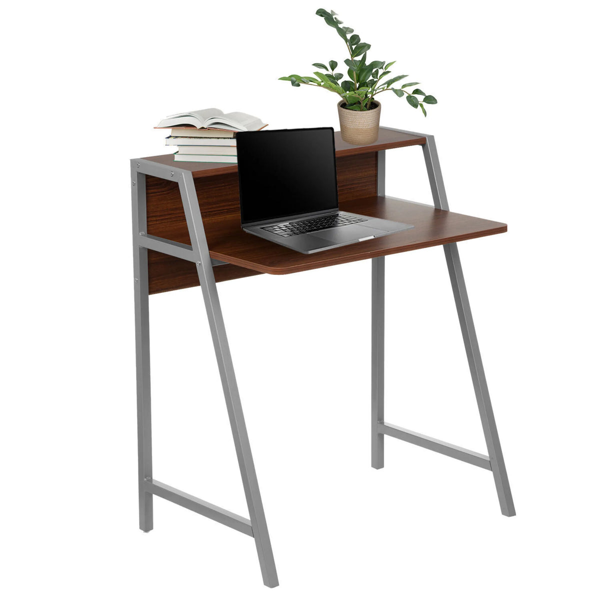 Bureau DUMONT en noyer à deux niveaux, structure argentée, ordinateur portable et articles de décoration de hjh OFFICE