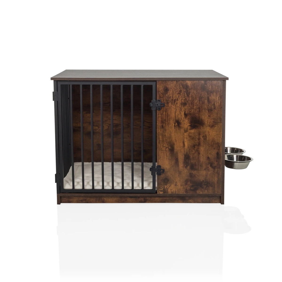Niche pour chien PAWHOME S marron avec porte grillagée, gamelles intégrées et un matelas de hjh LIVING – vue à 360° (vue de face 0°)
