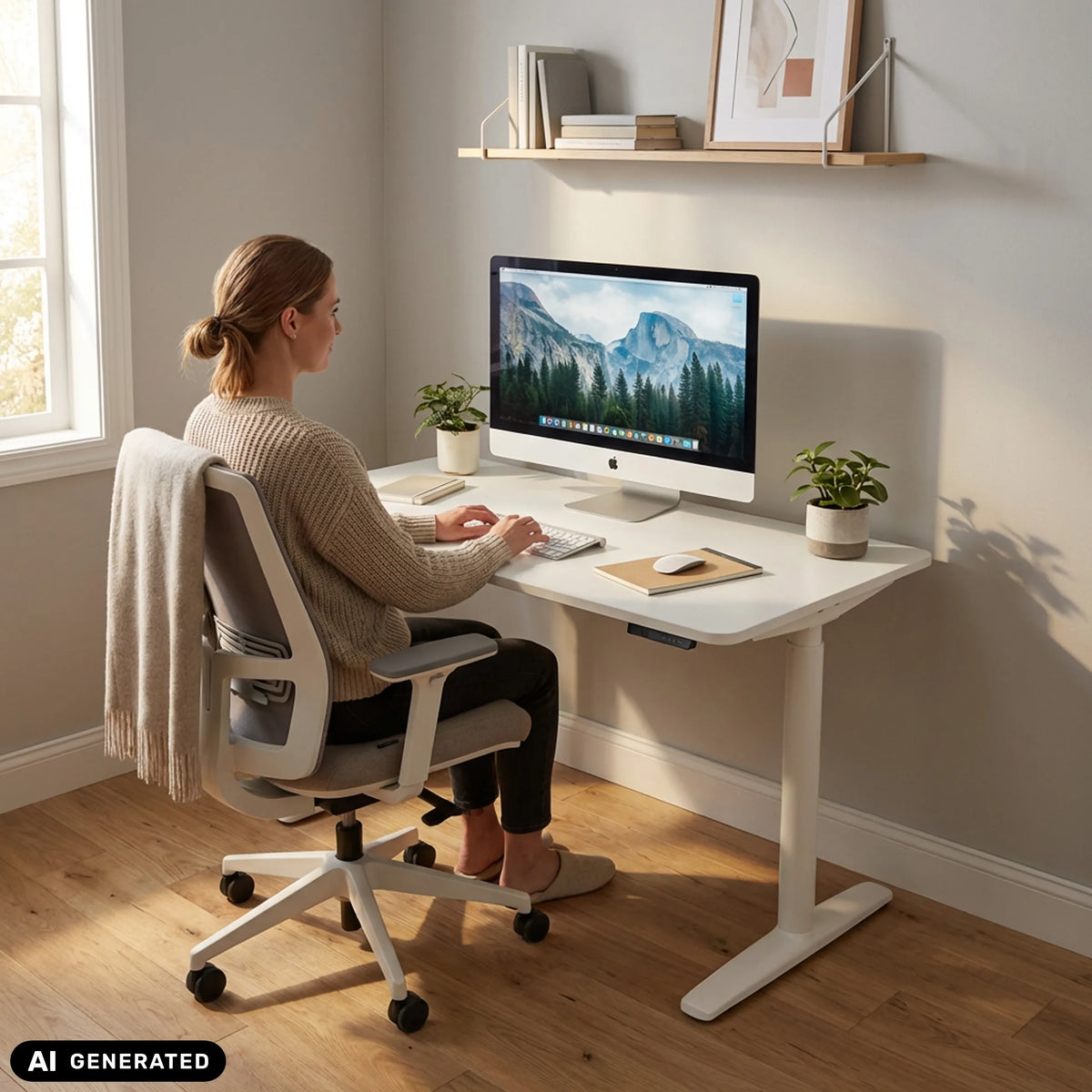 Bureau réglable en hauteur électriquement STAND PRO en blanc avec équipement informatique de hjh OFFICE (image générée par IA)
