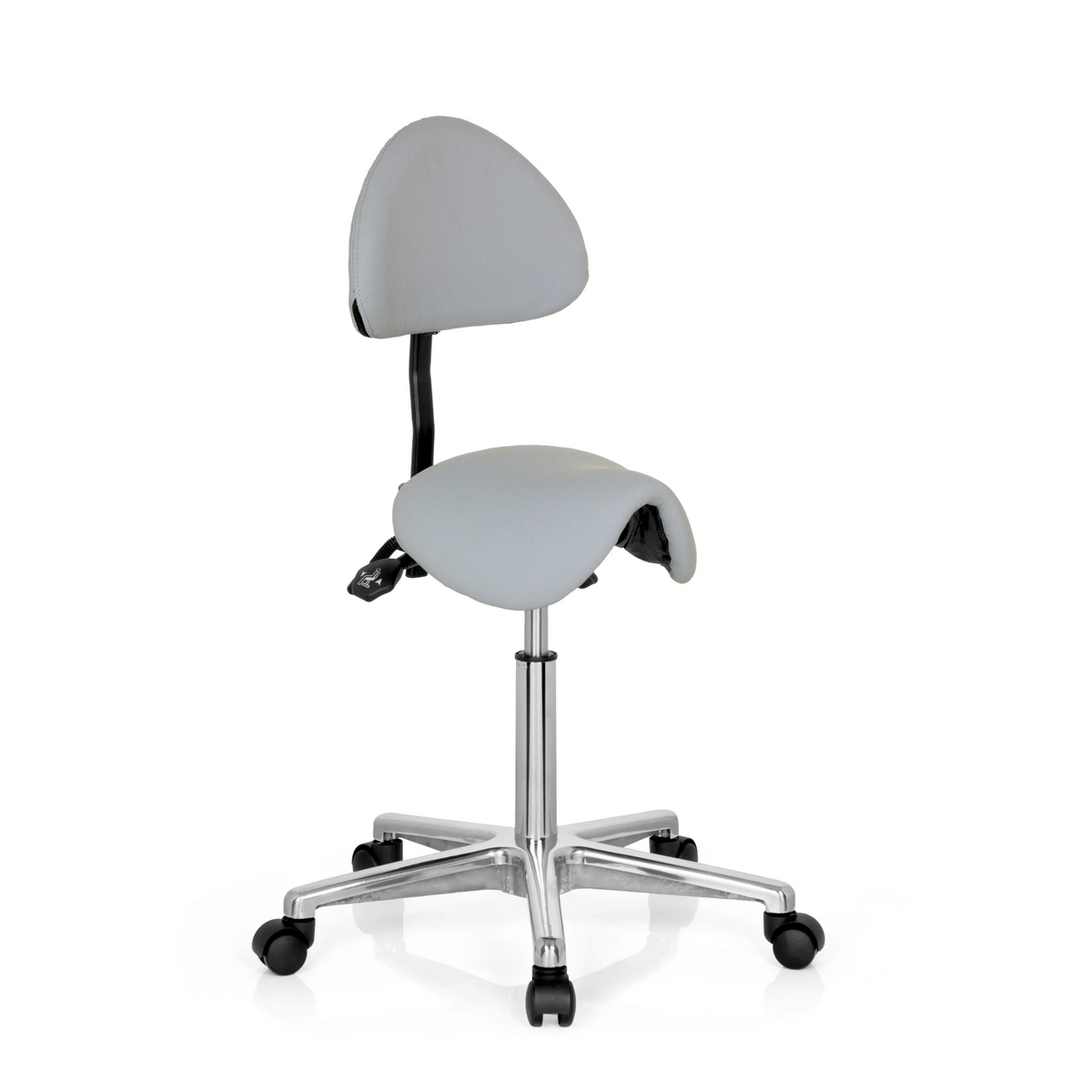 Tabouret de selle TOP WORK 20 gris avec dossier et base à cinq roulettes de hjh OFFICE – vue à 360° (vue de trois quarts avant 40°)