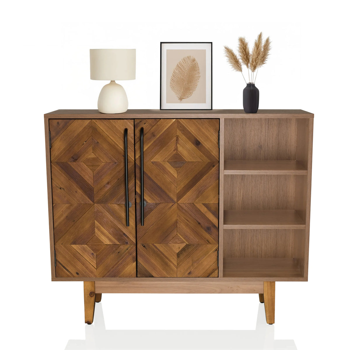 Kommode SANTJAGO WOOD L in dunkler Holzoptik mit zwei Türen, schwarzen Griffen und offenem Regal von hjh LIVING