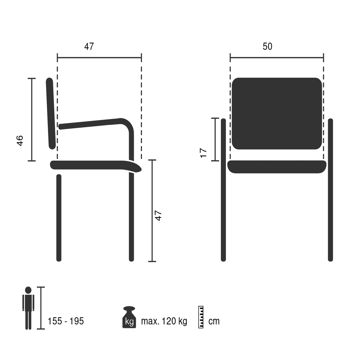 Dessin technique de la chaise rembourrée Lifea Flex d'une largeur de 50 cm et d'une hauteur de 46 cm de hjh LIVING
