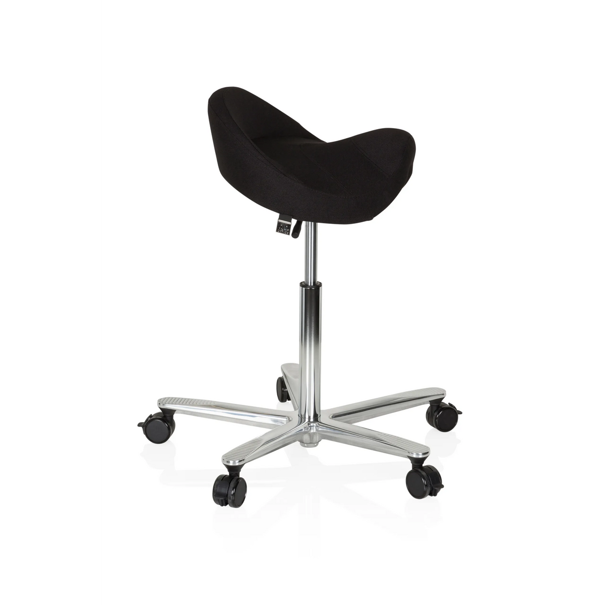 Tabouret de selle MOVE-TEC 3D PRO I noir avec un piétement à cinq roulettes de hjh OFFICE – vue à 360° (vue de profil 80°)