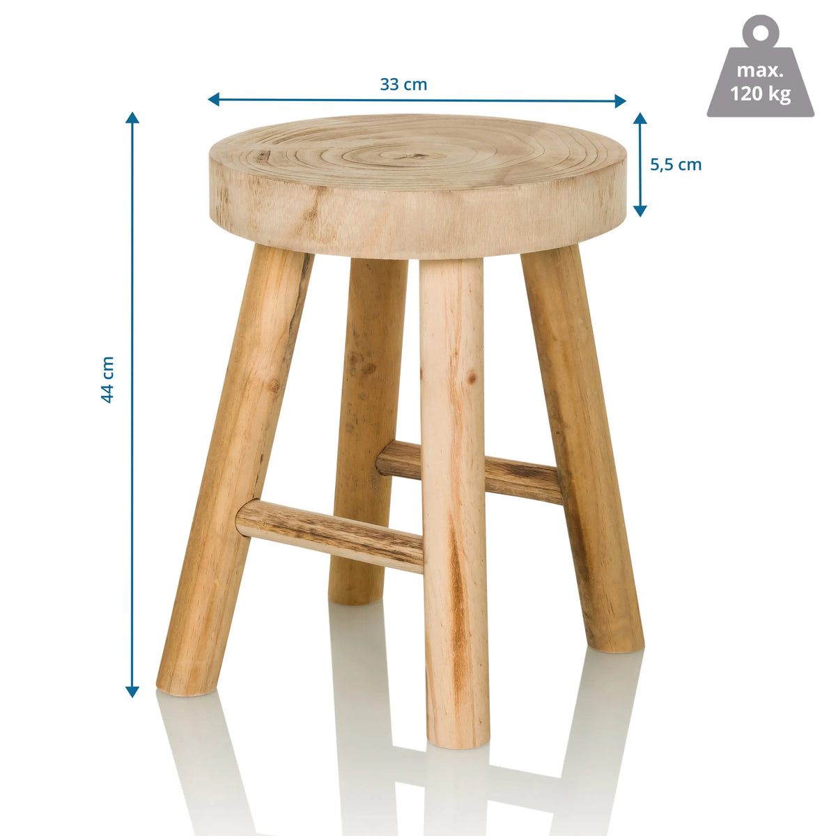Vue dimensionnelle du tabouret RUSTIKO W avec une hauteur de 44 cm et un diamètre de 33 cm de hjh LIVING