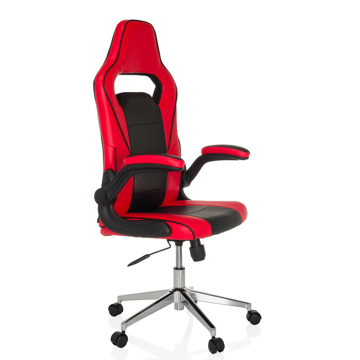 Rot-schwarzer Gaming-Stuhl GAME SPORT PRO mit Armlehnen und Fußkreuz mit fünf Rollen von MyBuero – 360-Grad-Ansicht (schräge Frontansicht 45°)