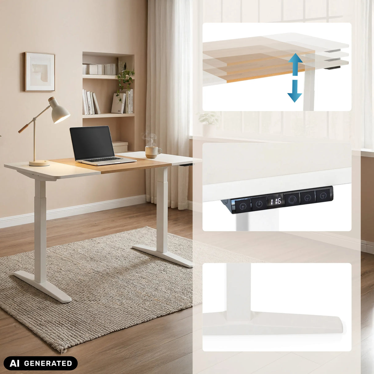 Bureau réglable en hauteur électriquement STAND T3 en blanc et chêne avec panneau de commande de hjh OFFICE (image générée par IA)