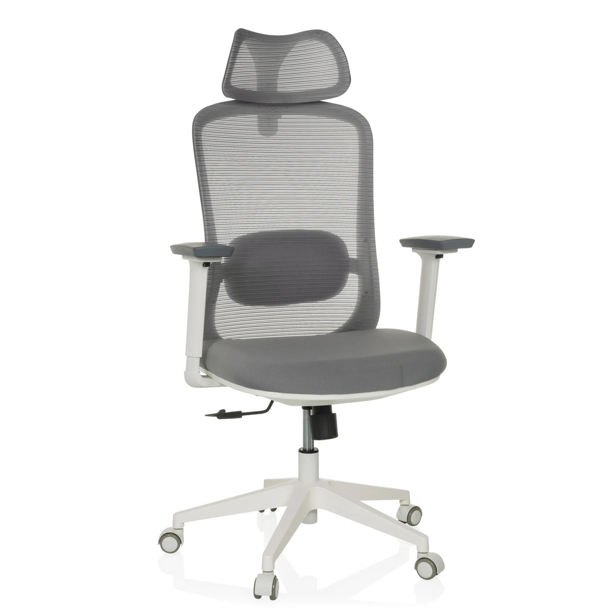 Siège de bureau de qualité professionnelle MIKEO G gris avec dossier maille, appui-tête et base à roulettes de hjh OFFICE – vue à 360° (vue de face 15°)