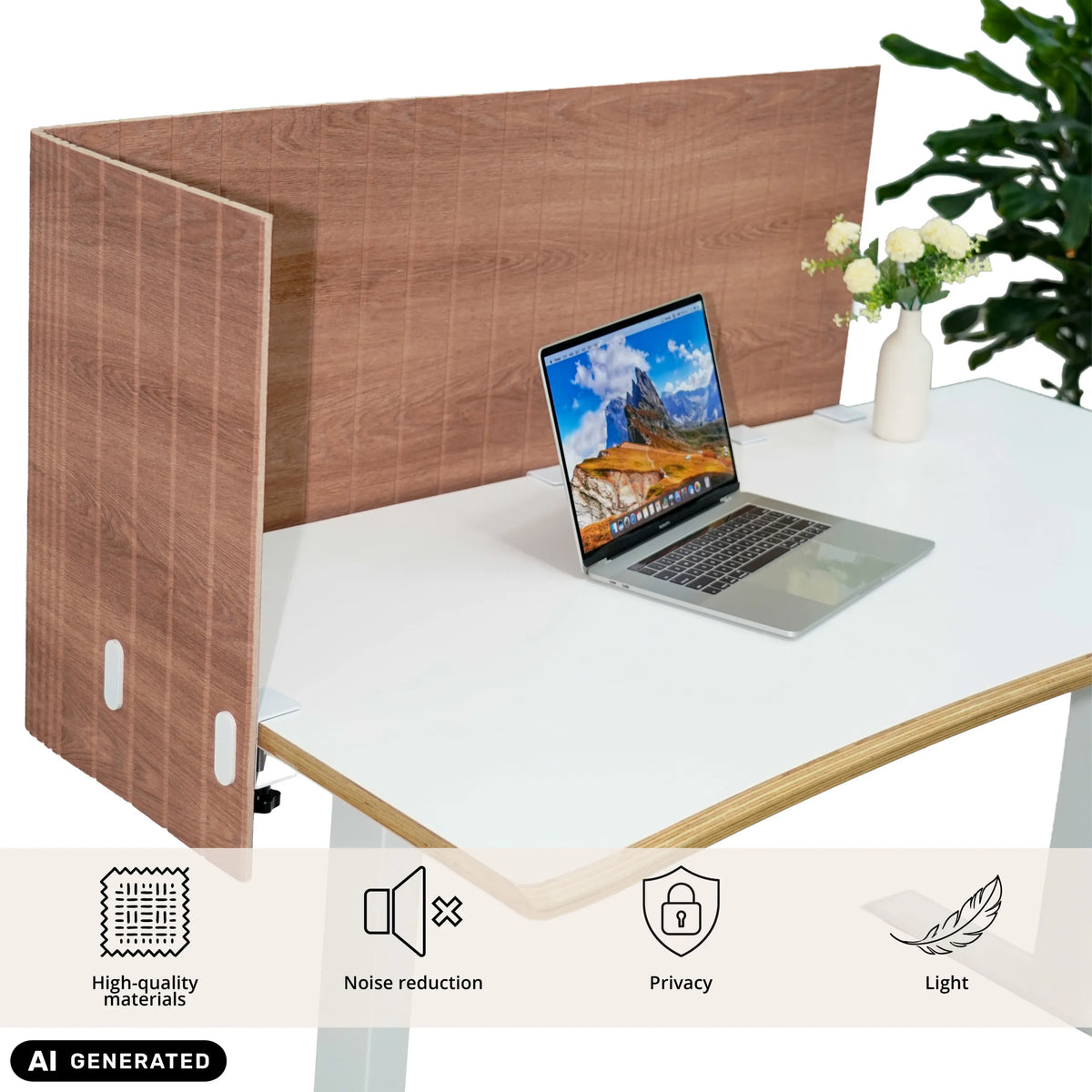 Cloison de table marron FLEXMIUT ROLL W en forme de L sur un bureau blanc de hjh OFFICE