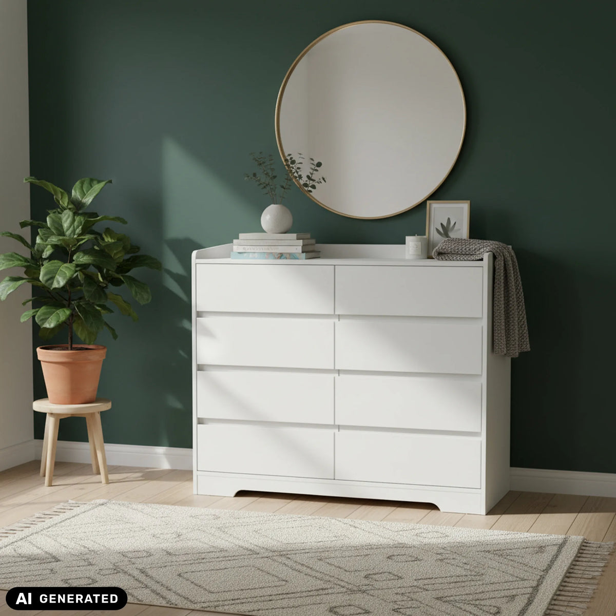 Commode blanche OSOYRO à huit tiroirs devant un mur vert de hjh LIVING (image générée par IA)