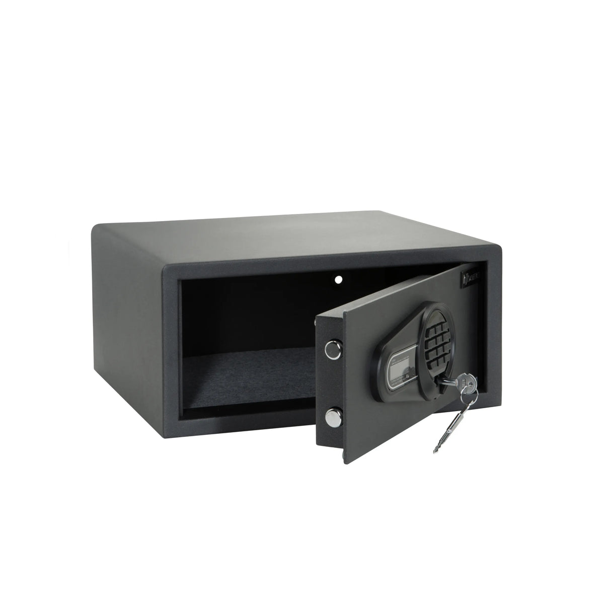 Schwarzer Tresor SAFE COMPACT I mit digitalem Zahlenschloss und Drehgriff von hjh OFFICE – 360-Grad-Ansicht (schräge Rückenansicht 120°)
