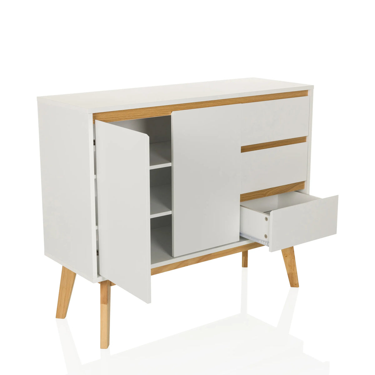 Buffet blanc TAROLO I avec une porte ouverte et un tiroir sur pieds en bois de hjh LIVING