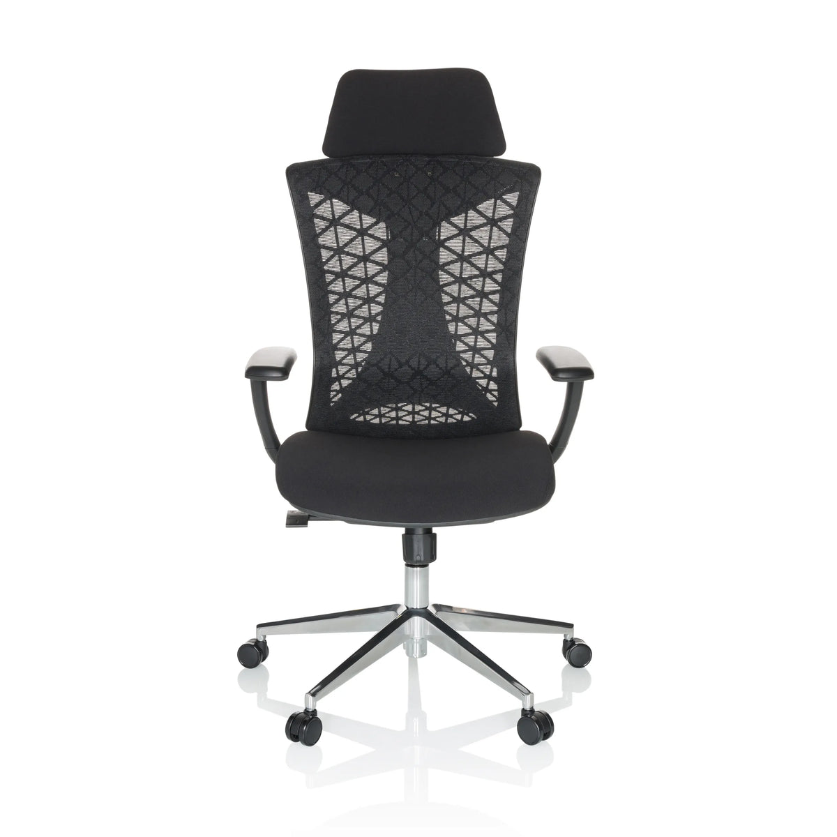Siège de bureau de qualité professionnelle FALEO B noir avec dossier en maille et piètement à cinq roulettes de hjh OFFICE – vue à 360° (vue de face 0°)