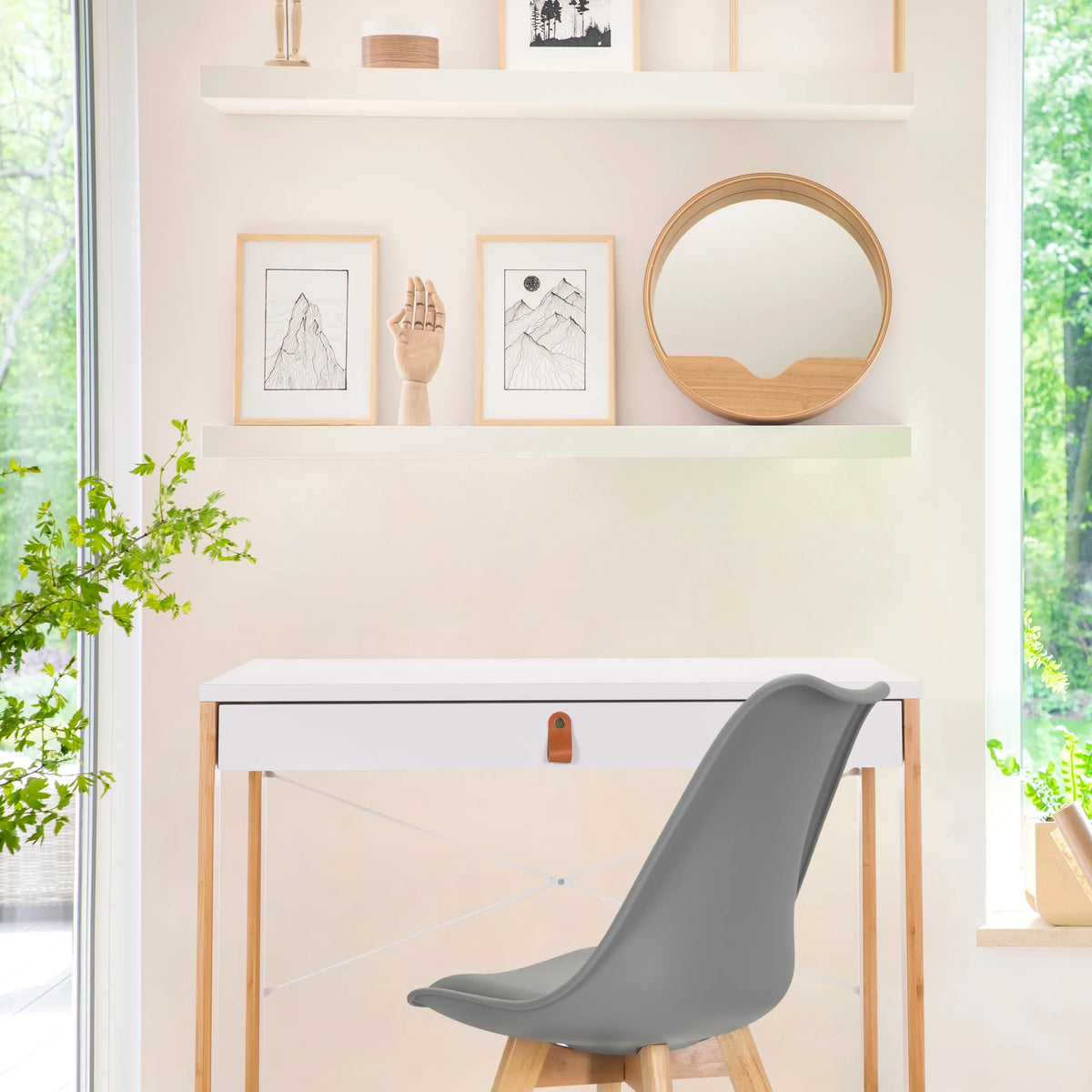 Bureau blanc TAROLO II avec un tiroir et des pieds en bois clair de hjh LIVING