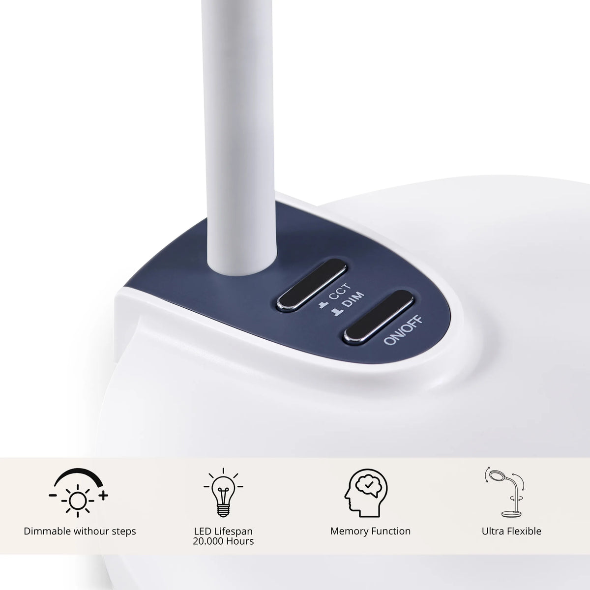 Commandes de luminosité, de température de couleur et interrupteur marche/arrêt de la lampe de bureau Lumanova D5 de hjh OFFICE