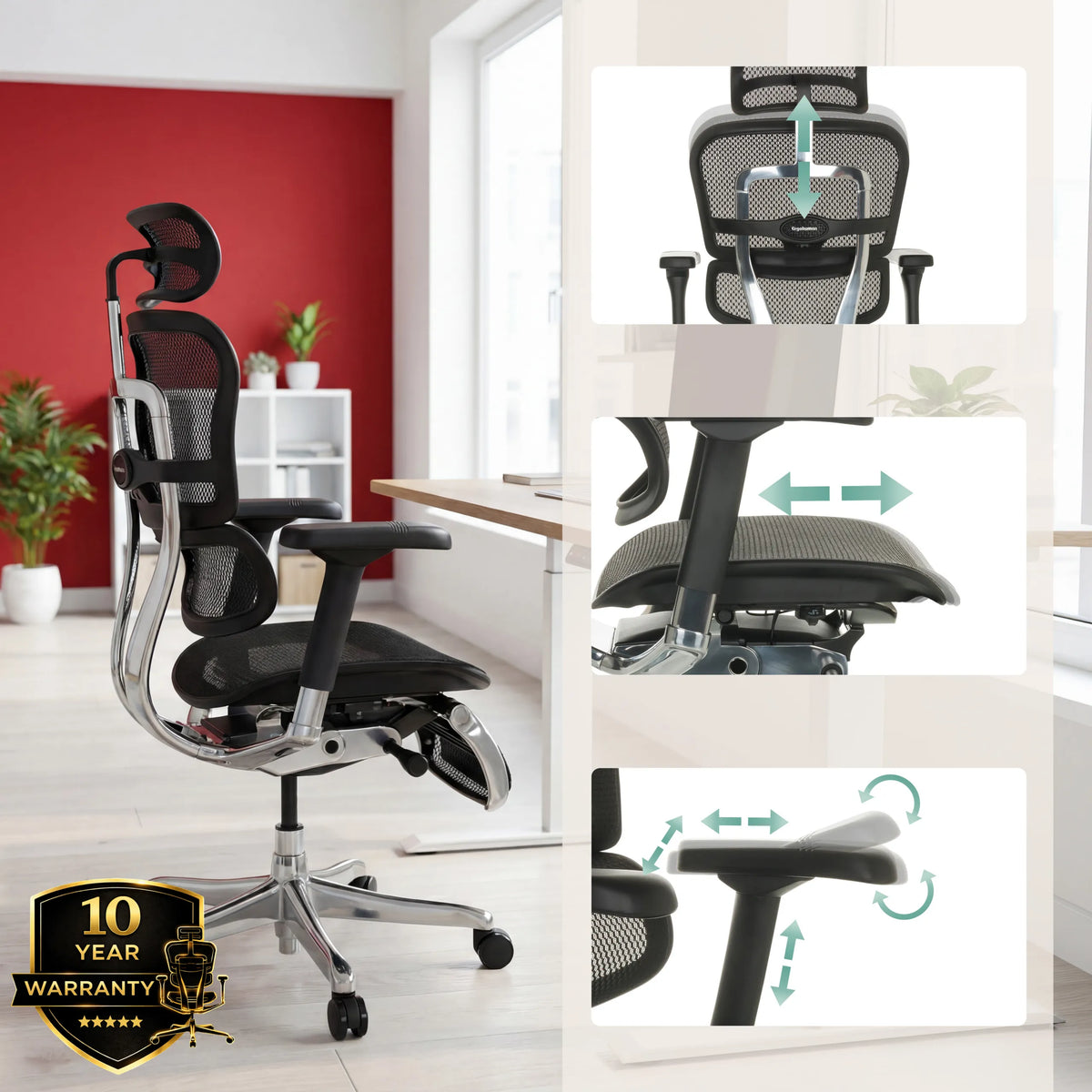 Appuie-tête et accoudoirs réglables du siège de direction de luxe ERGOHUMAN PLUS LEGPRO GEN2 de hjh OFFICE (image générée par IA)