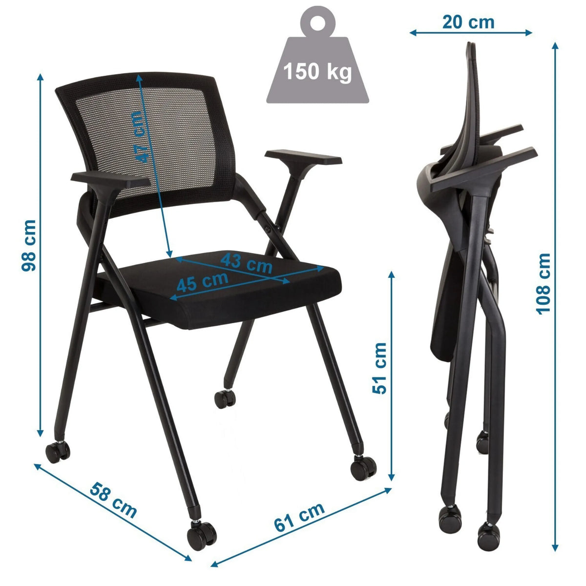 Dessin technique de la Chaise pliante PRIORITY II avec une hauteur de 98 cm et une capacité de charge de 150 kg de hjh OFFICE