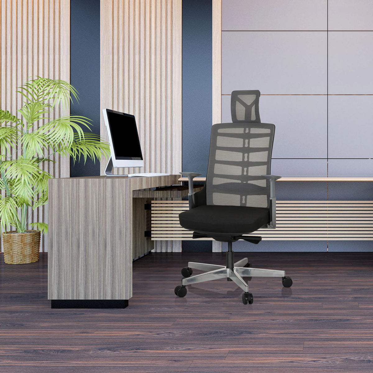 Siège de bureau haut de gamme SKARIF en noir-gris devant un bureau dans un bureau moderne de hjh OFFICE