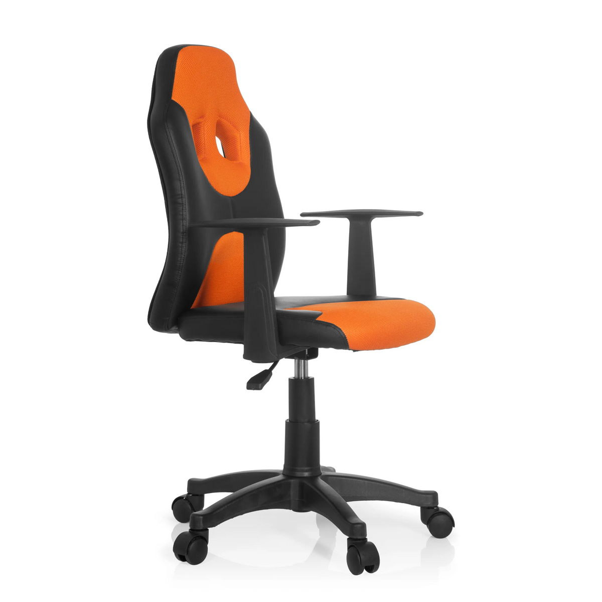 Chaise pivotante pour des enfants KID GAME AL noire et orange avec dossier en maille et base à cinq roulettes de hjh OFFICE – vue à 360° (vue de trois quarts avant 60°)