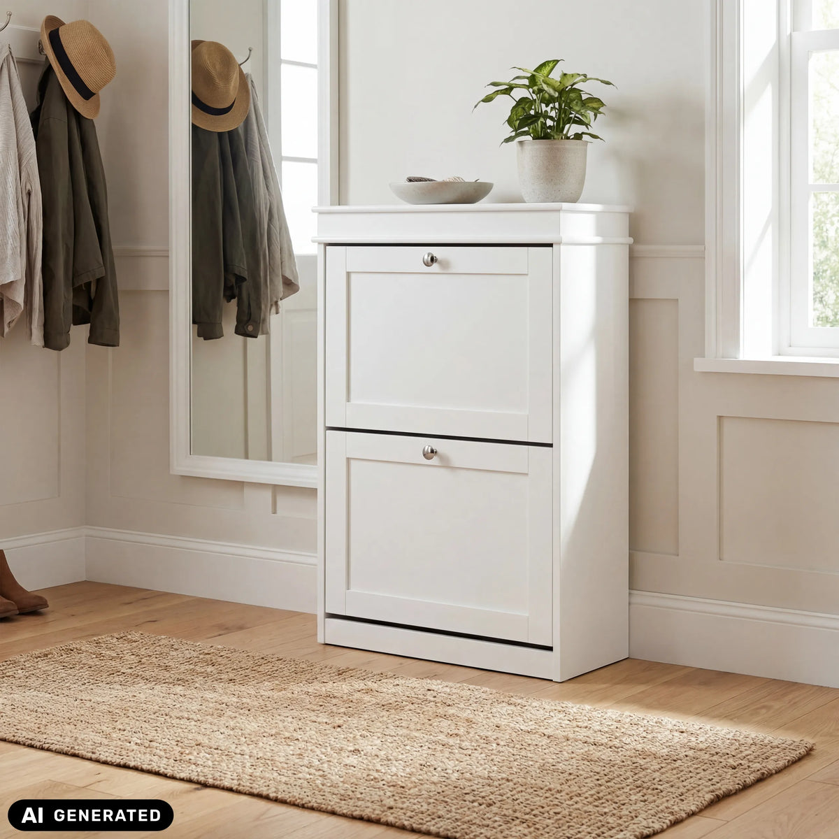 Armoire à chaussures Estha 20 blanche avec deux portes abattantes et boutons de porte de hjh LIVING (image générée par IA)