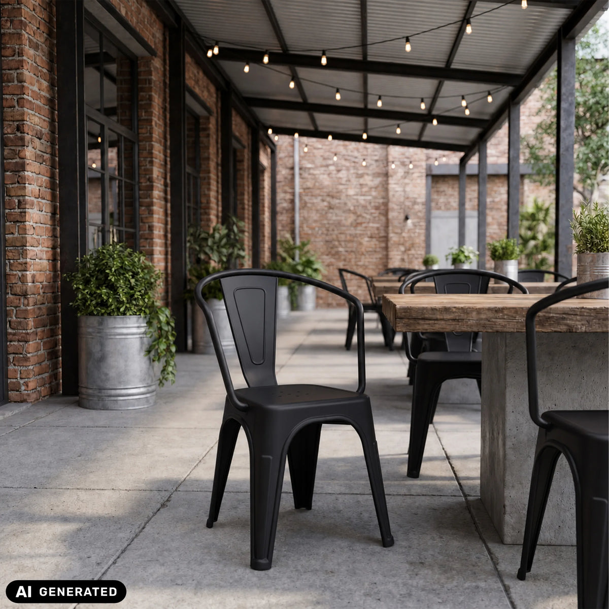 Chaises de bistrot noires Vantaggio Poly à une table en bois à l'extérieur de hjh OFFICE (image générée par IA)