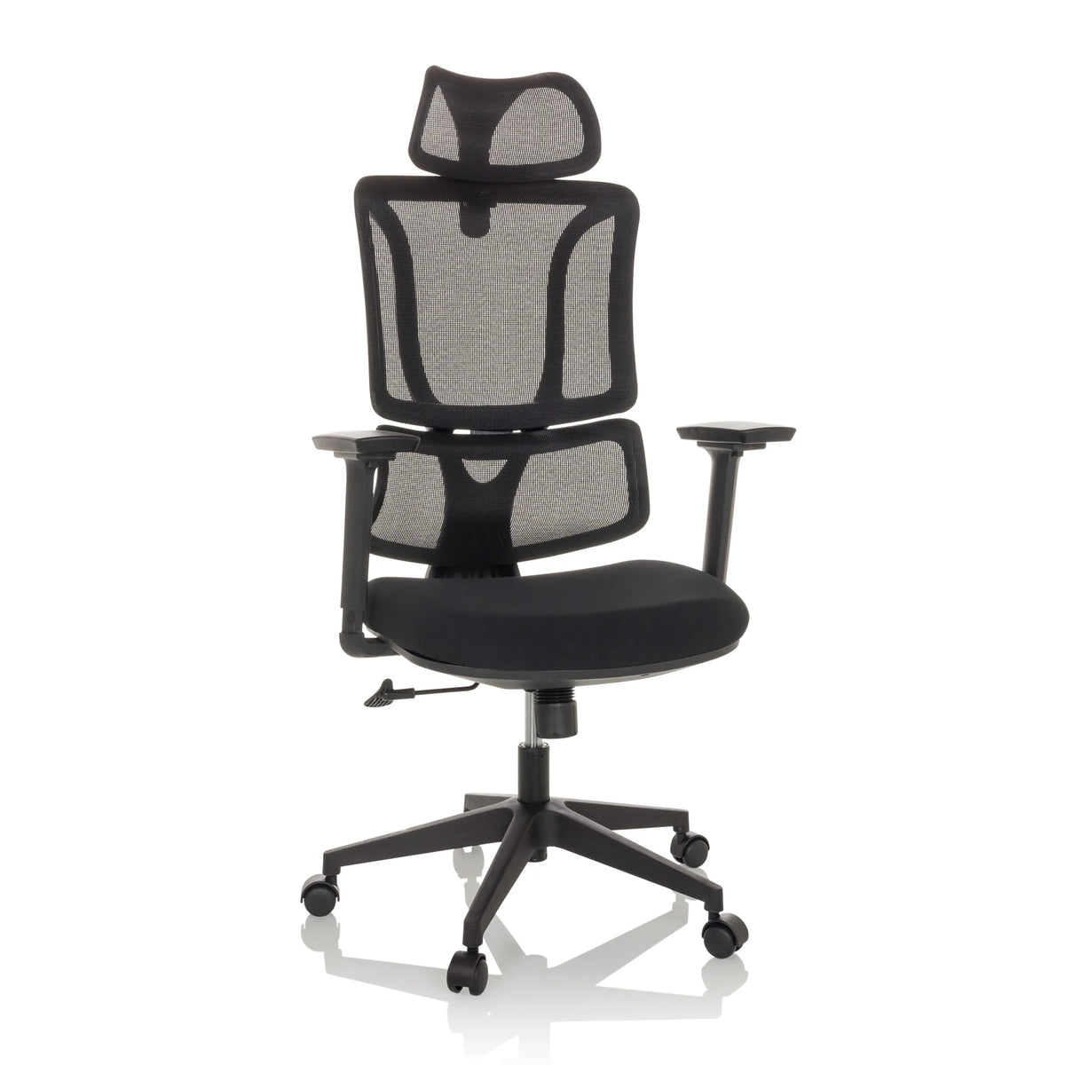 Siège de bureau à domicile ERGOMY noir avec dossier en maille et base à cinq roulettes de MyBuero – vue à 360° (vue de face 15°)