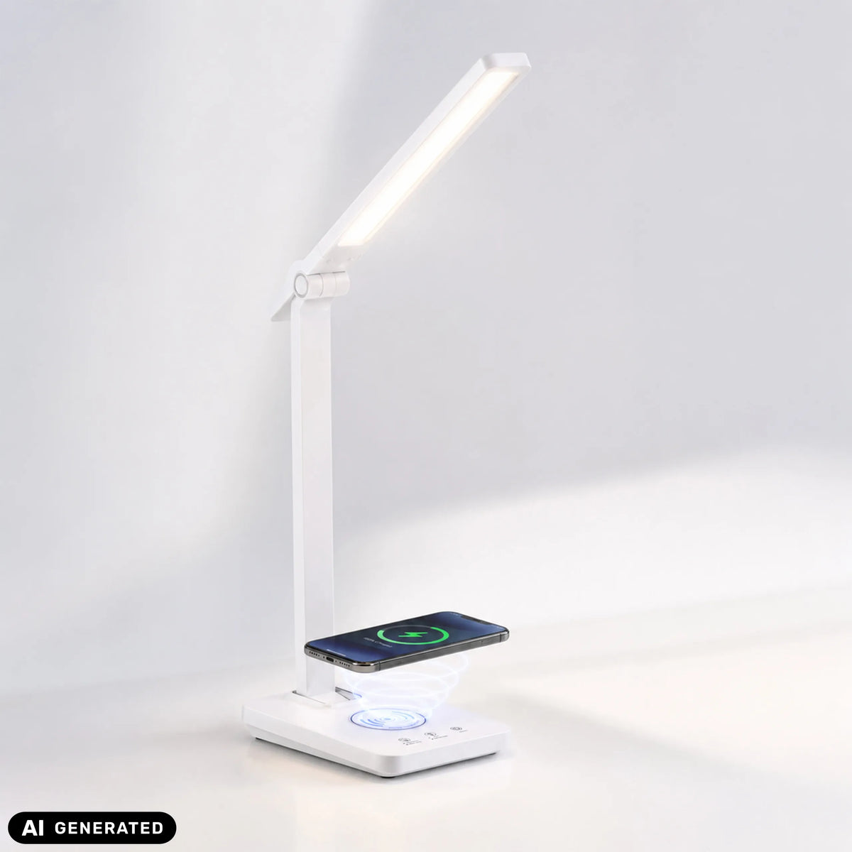 Lampe de bureau Lumanova D1 blanche avec station de charge intégrée de hjh OFFICE (image générée par IA)