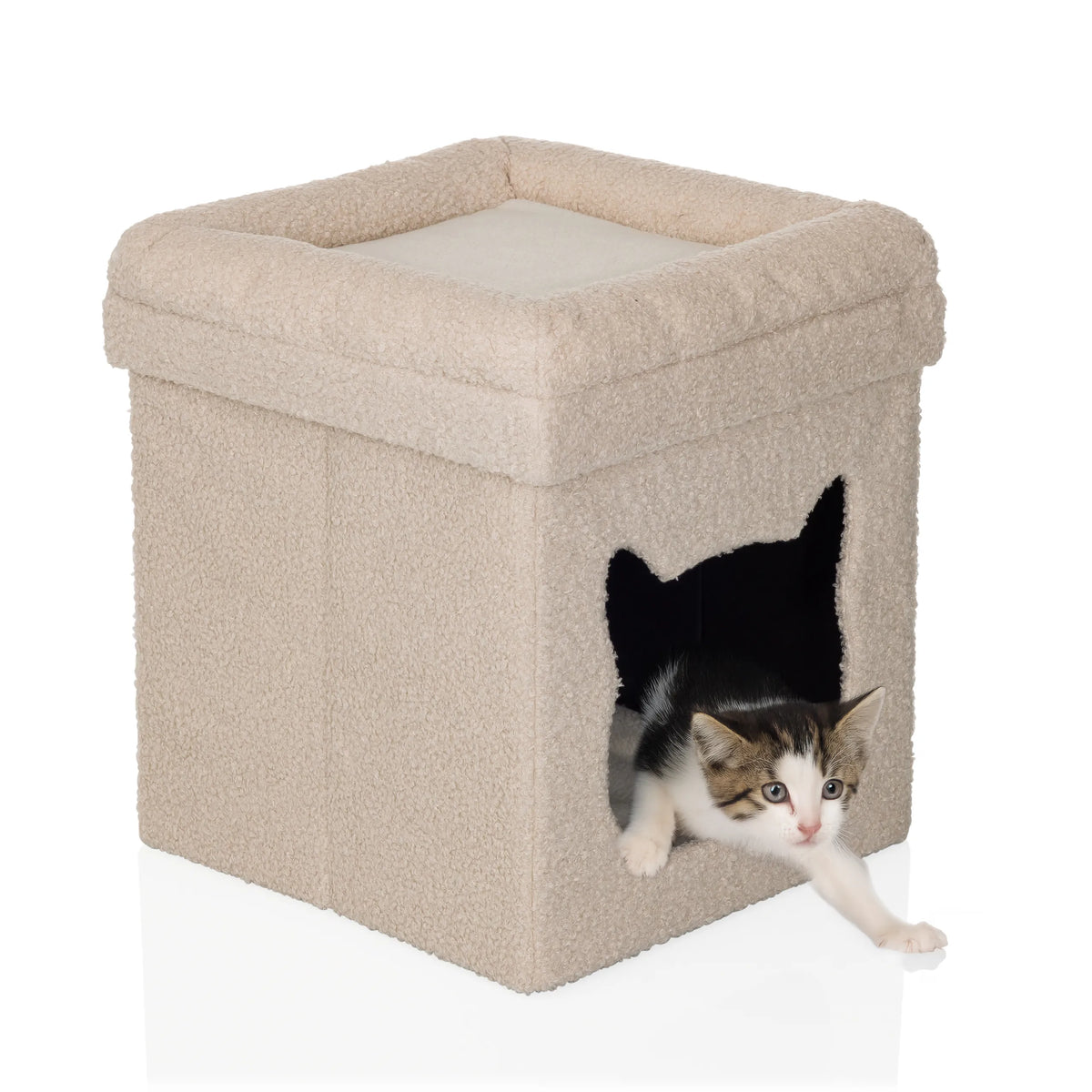 Maison pour chat PAWY ES beige avec revêtement en peluche douce et un petit chaton à l'intérieur de hjh LIVING